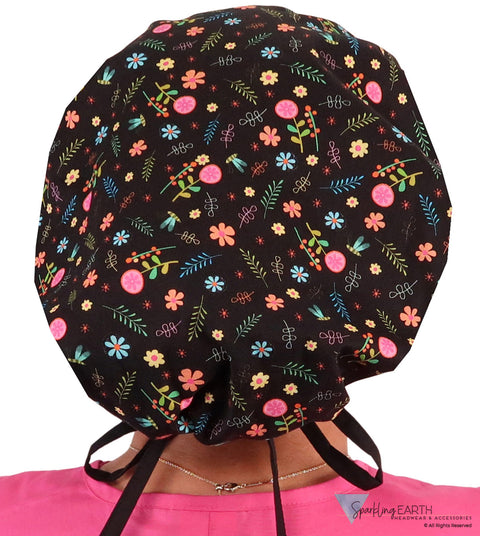 Banded Bouffant Surgical Scrub Cap - Wildflower Wonders with Black Ties - Banded Bouffant Surgical Scrub Caps - Sparkling EARTH