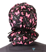 Banded Bouffant Ponytail Scrub Caps Wings of Hope (Pink Ribbons) with Black Ties Banded Bouffant Surgical Scrub Caps