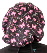 Banded Bouffant Ponytail Scrub Caps Wings of Hope (Pink Ribbons) with Black Ties Banded Bouffant Surgical Scrub Caps