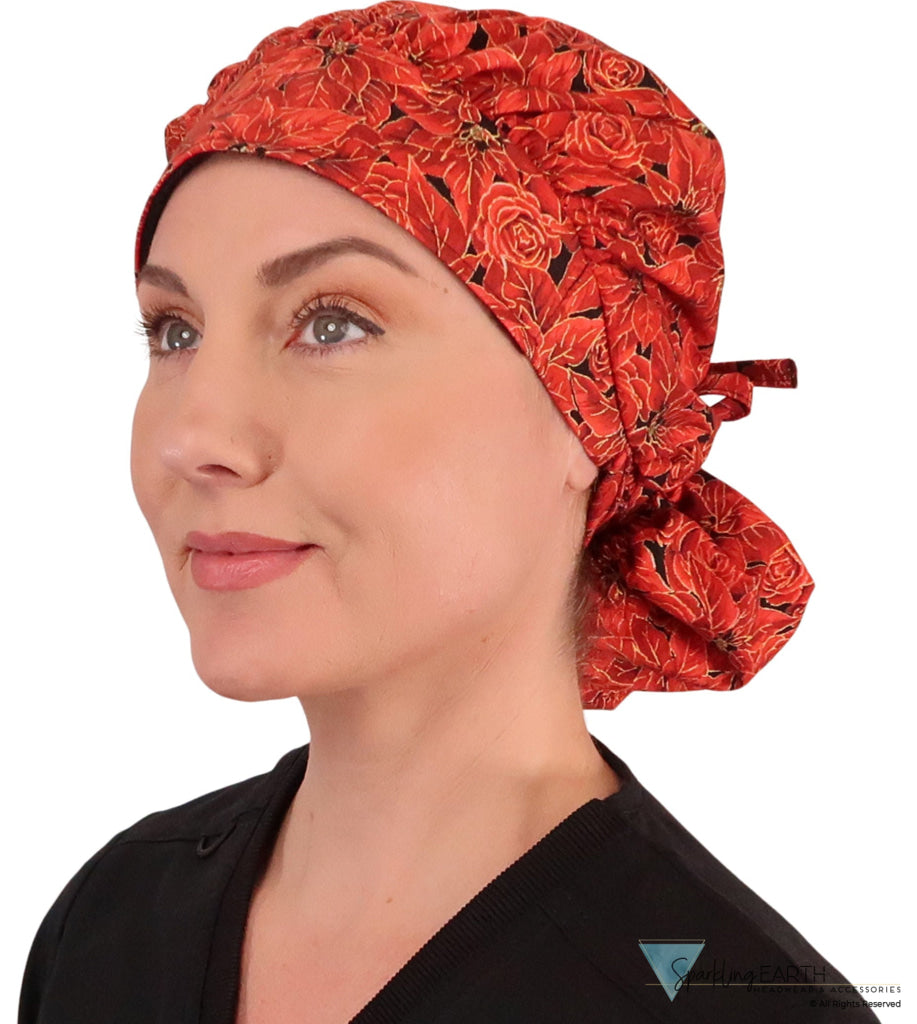 Banded Bouffant Surgical Scrub Cap - Beautiful Poinsettias In Bloom With Gold Metallic Caps
