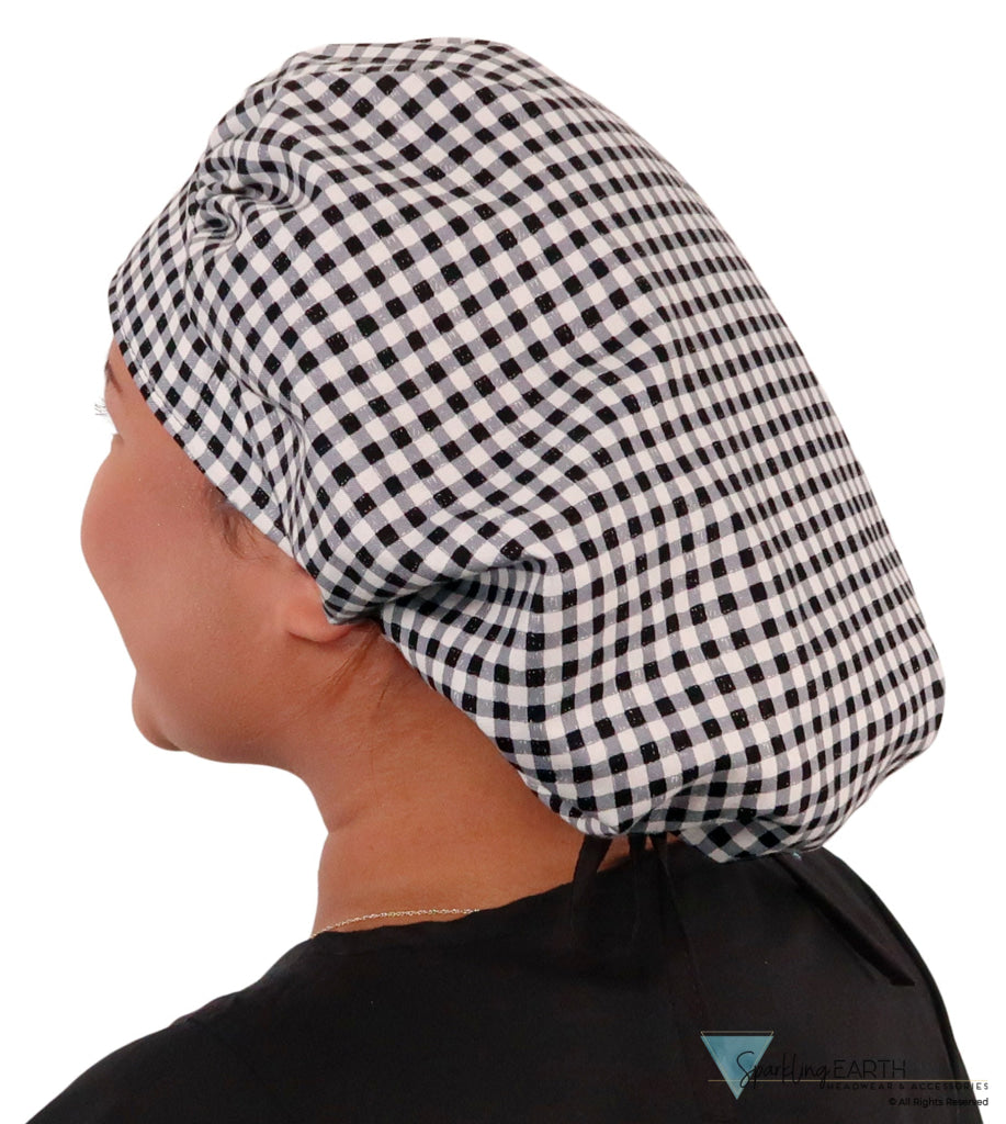 Banded Bouffant Surgical Scrub Cap - Black & White Checks With Ties Caps