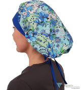 Banded Bouffant Surgical Scrub Cap - Botanical Blue Garden With Royal Band Caps