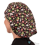 Banded Bouffant Surgical Scrub Cap - Holiday Happiness With Black Ties Caps