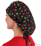 Banded Bouffant Surgical Scrub Cap - Paws Dashing Through The Snow With Black Ties Caps