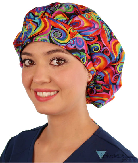 Banded Bouffant Surgical Scrub Cap - Rainbow Bright Colored Swirls Caps