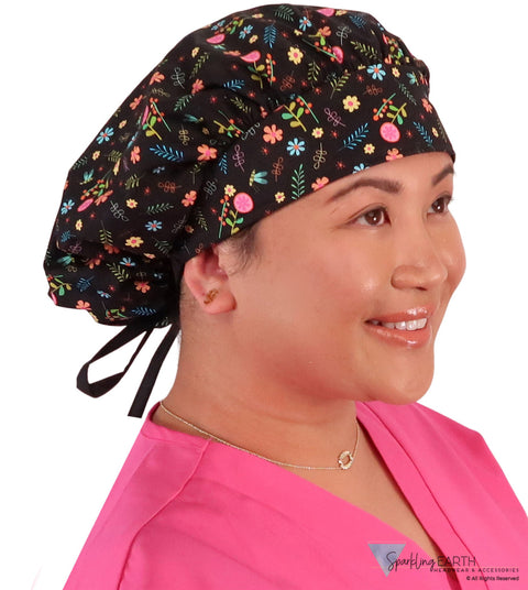 Banded Bouffant Surgical Scrub Cap - Wildflower Wonders With Black Ties Caps