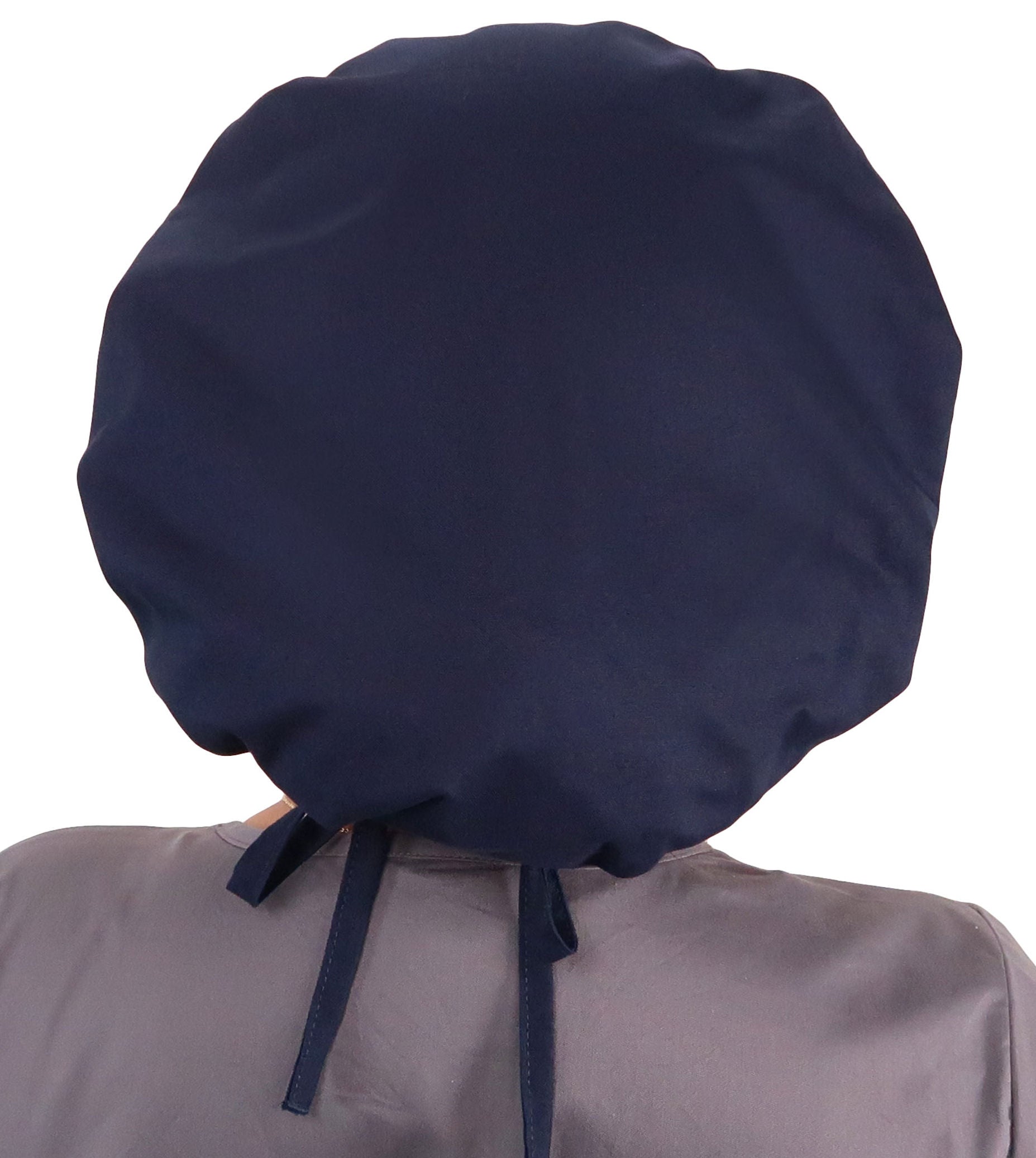 Back Facing Untied View of a Woman Wearing a Tied Back Banded Bouffant Ponytail Surgical Scrub Cap - Solid Navy Fabric