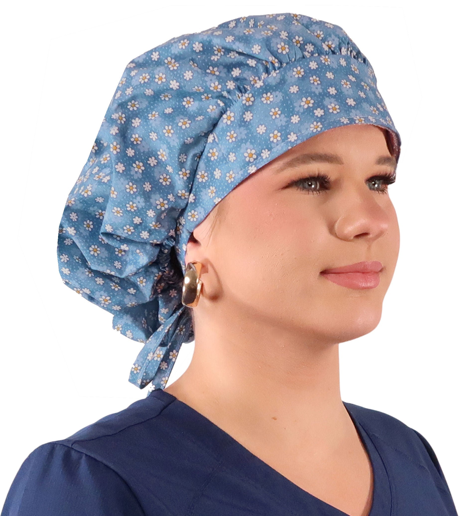 Stylish American Made Banded Bouffant Ponytail Scrub Cap - Dainty Daisies Banded Bouffant Surgical Scrub Caps