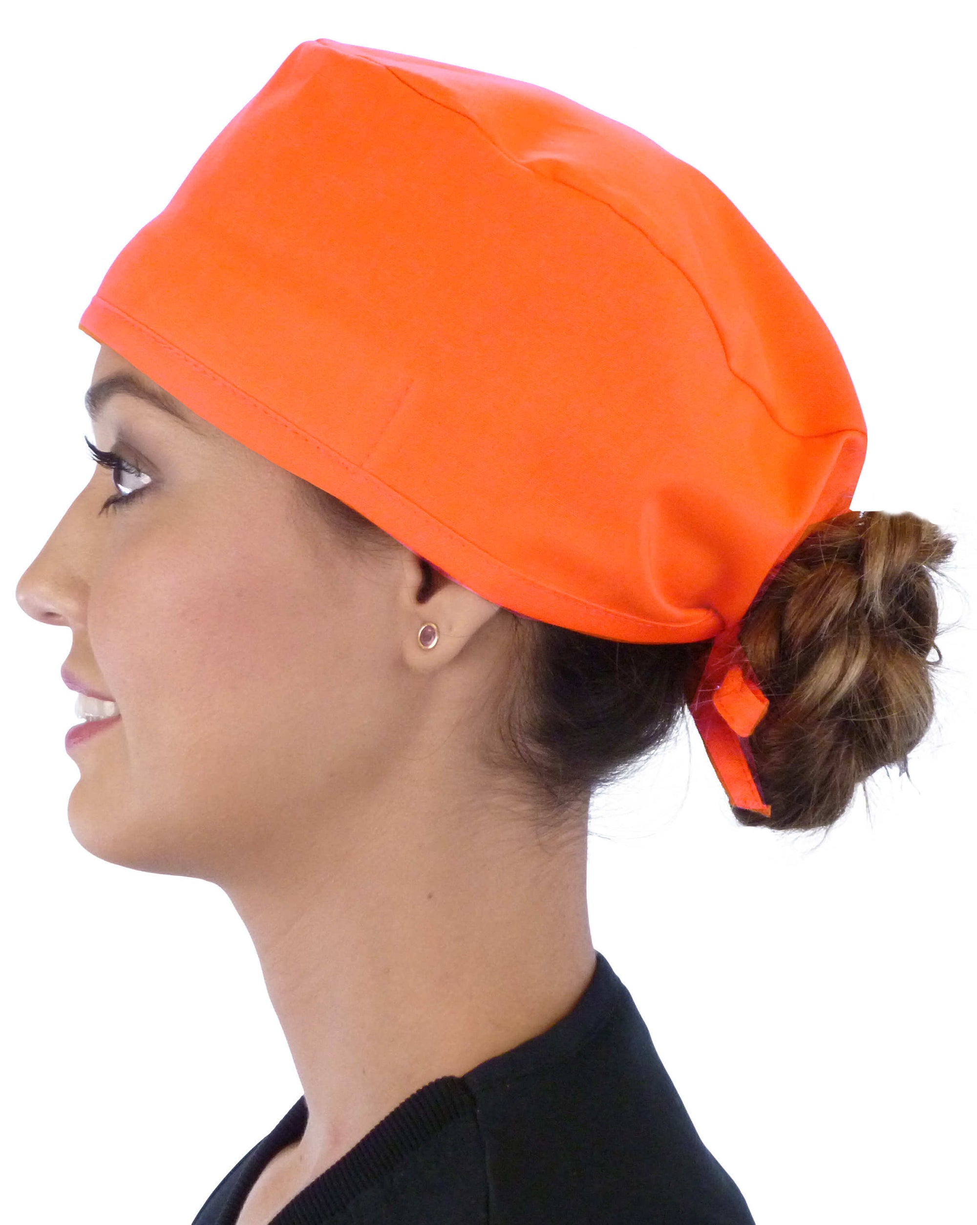 Side Facing View of a Woman Wearing a Classic Cotton Surgical Scrub Cap - Solid Orange Scrub Cap