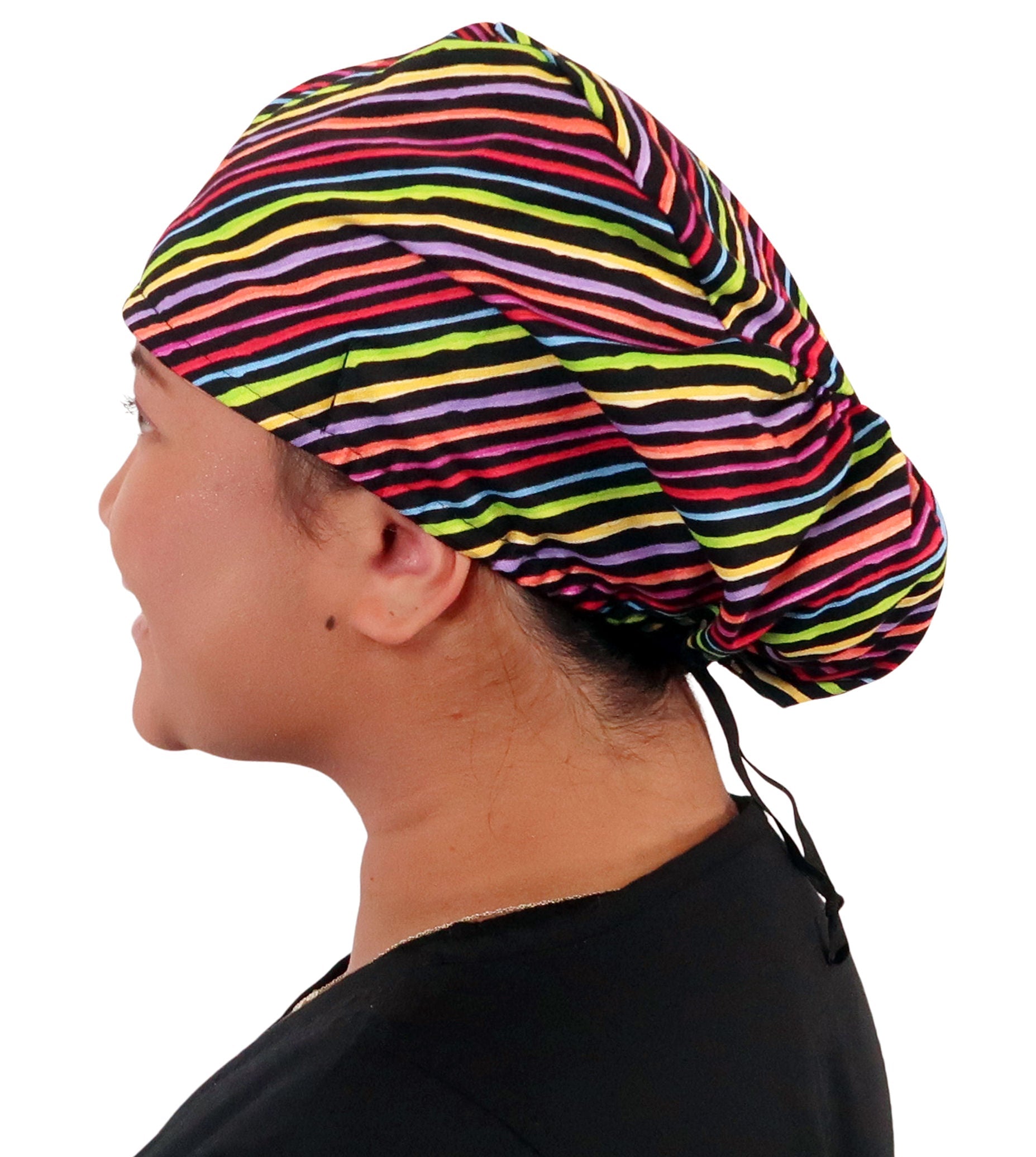 Side facing image of a woman in scrubs wearing a Styl'n Microcolored Stripes Euro Style Riley Comfort Scrub Cap.