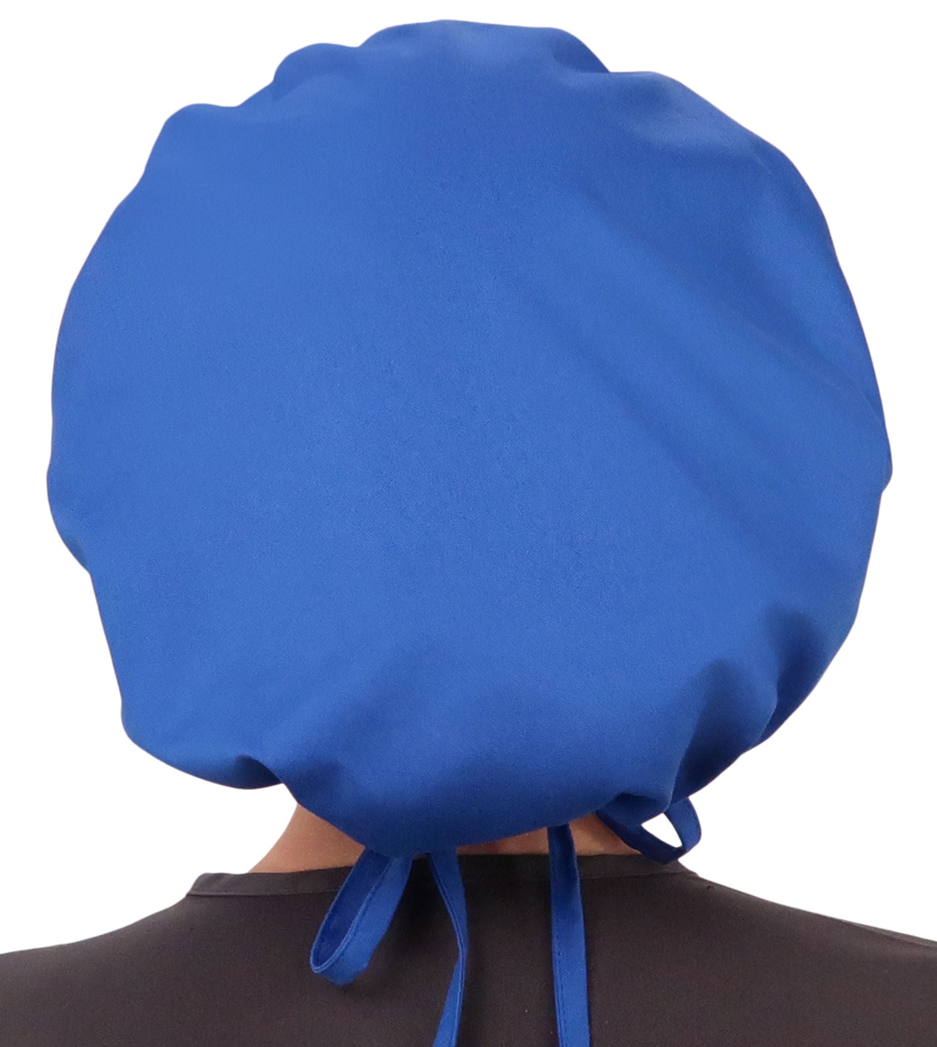 Back Facing Untied View of a Woman Wearing a Tied Back Banded Bouffant Ponytail Surgical Scrub Cap - Solid Royal Fabric