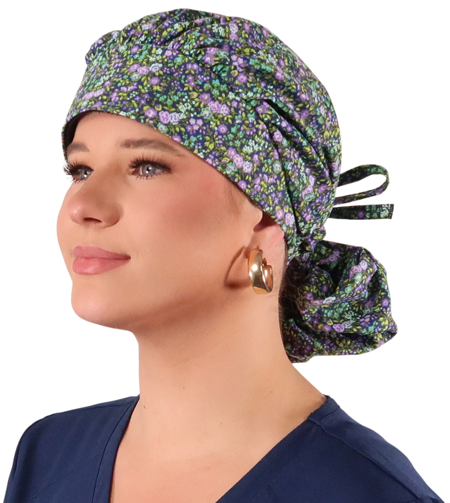 Banded Bouffant Ponytail Scrub Cap - Lovely Lavender Flowers Banded Bouffant Surgical Scrub Caps