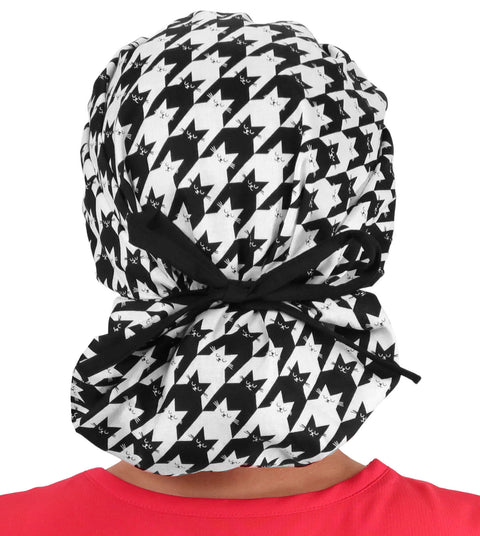 Banded Bouffant Surgical Scrub Cap - Houndstooth Kitties with Black Band