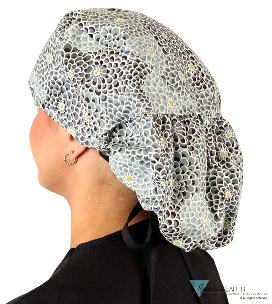 Big Hair Ponytail - Perfect Scrub Cap for Long Hair - Dazzling Dahlias Black & Grey with Black Ties Big Hair Ponytail