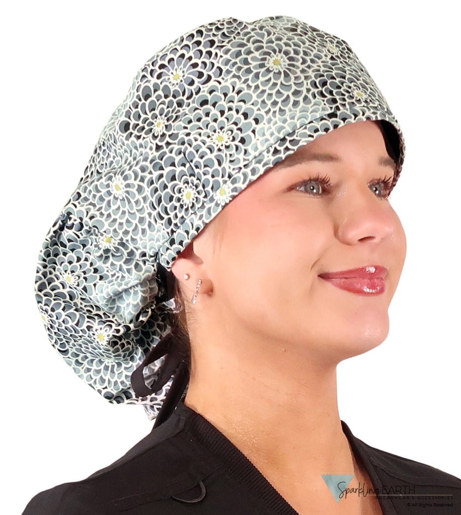 Big Hair Ponytail - Perfect Scrub Cap for Long Hair - Dazzling Dahlias Black & Grey with Black Ties Big Hair Ponytail