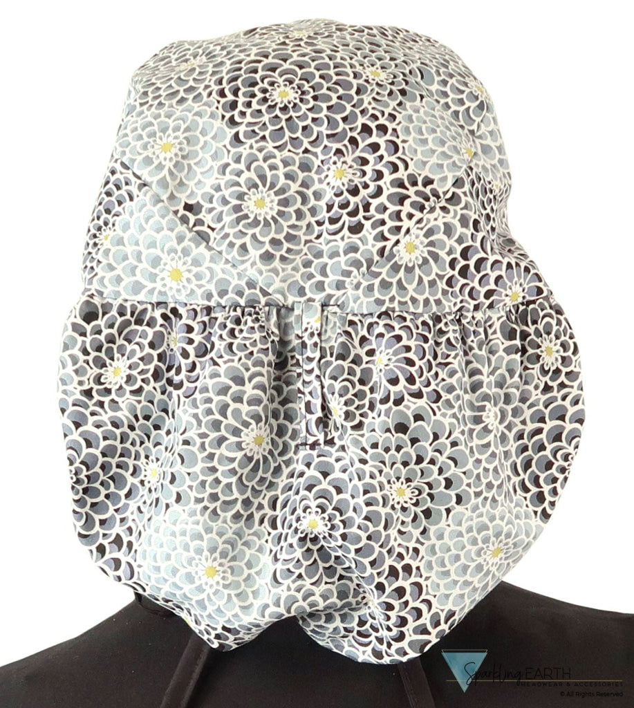 Big Hair Ponytail - Perfect Scrub Cap for Long Hair - Dazzling Dahlias Black & Grey with Black Ties Big Hair Ponytail