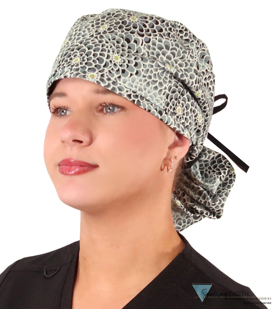 Big Hair Ponytail - Perfect Scrub Cap for Long Hair - Dazzling Dahlias Black & Grey with Black Ties Big Hair Ponytail