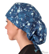 Big Hair Ponytail Surgical Scrub Cap - Bountiful Blue Blooms Caps