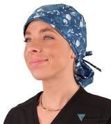 Big Hair Ponytail Surgical Scrub Cap - Bountiful Blue Blooms Caps