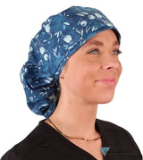 Big Hair Ponytail Surgical Scrub Cap - Bountiful Blue Blooms Caps