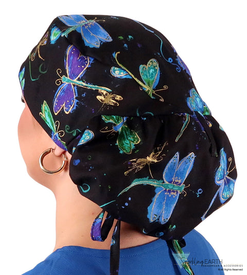 Big Hair Ponytail Surgical Scrub Cap - Dazzling Metallic Dragonflies Big Hair Surgical Scrub Caps
