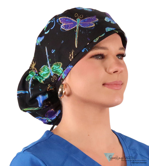 Big Hair Ponytail Surgical Scrub Cap - Dazzling Metallic Dragonflies Big Hair Surgical Scrub Caps