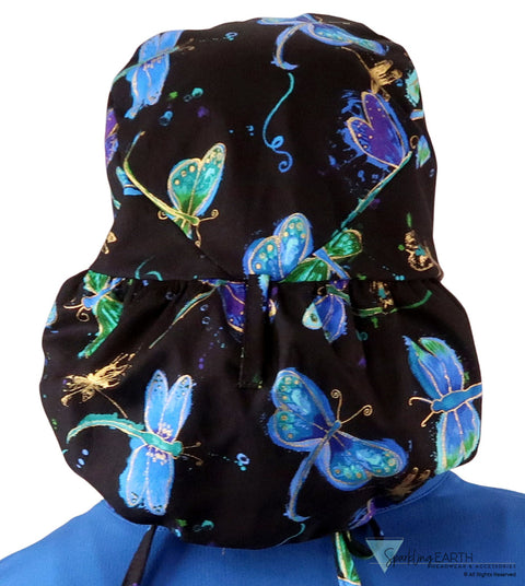 Big Hair Ponytail Surgical Scrub Cap - Dazzling Metallic Dragonflies Big Hair Surgical Scrub Caps