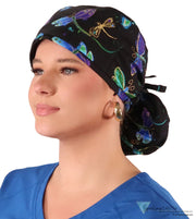 Big Hair Ponytail Surgical Scrub Cap - Dazzling Metallic Dragonflies Big Hair Surgical Scrub Caps
