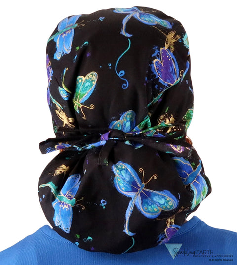 Big Hair Ponytail Surgical Scrub Cap - Dazzling Metallic Dragonflies Big Hair Surgical Scrub Caps