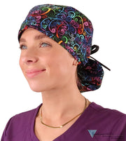 Big Hair Ponytail Surgical Scrub Cap - Ethereal Kaleidoscope with Black Ties - Big Hair Surgical Scrub Caps - Sparkling EARTH
