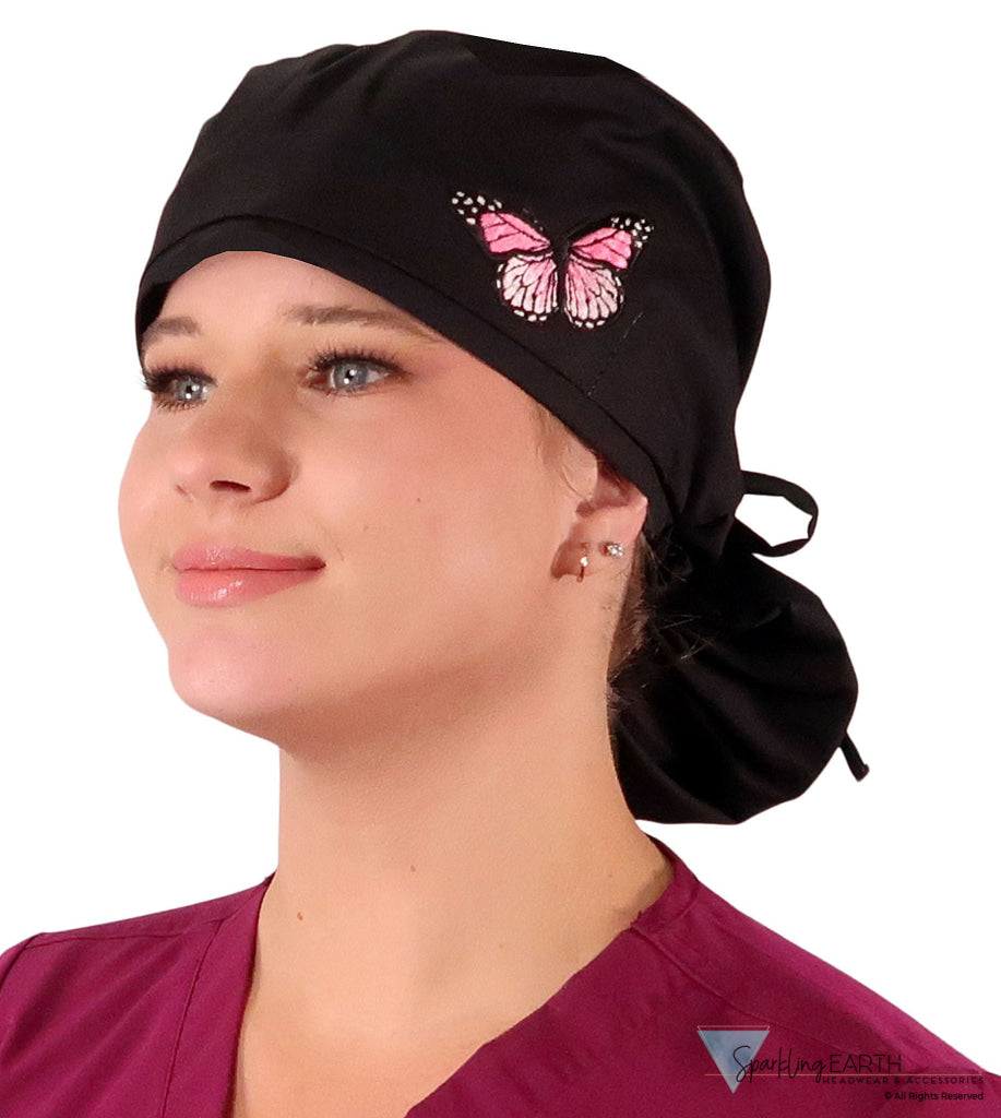 Big Hair Ponytail Surgical Scrub Cap - Scrub Cap for Long Hair - Black with Pink Butterfly Patch Big Hair Surgical