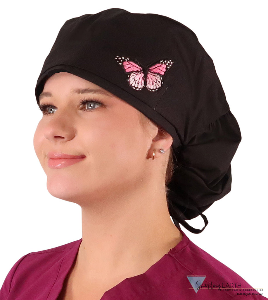 Big Hair Ponytail Surgical Scrub Cap - Scrub Cap for Long Hair - Black with Pink Butterfly Patch Big Hair Surgical