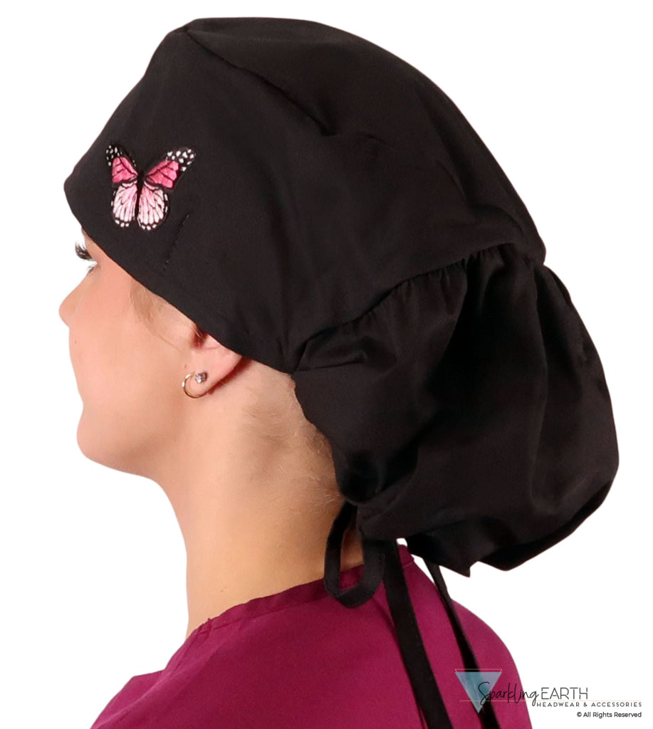 Big Hair Ponytail Surgical Scrub Cap - Scrub Cap for Long Hair - Black with Pink Butterfly Patch Big Hair Surgical