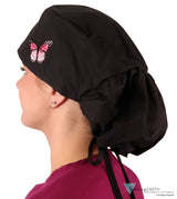 Big Hair Ponytail Surgical Scrub Cap - Scrub Cap for Long Hair - Black with Pink Butterfly Patch Big Hair Surgical