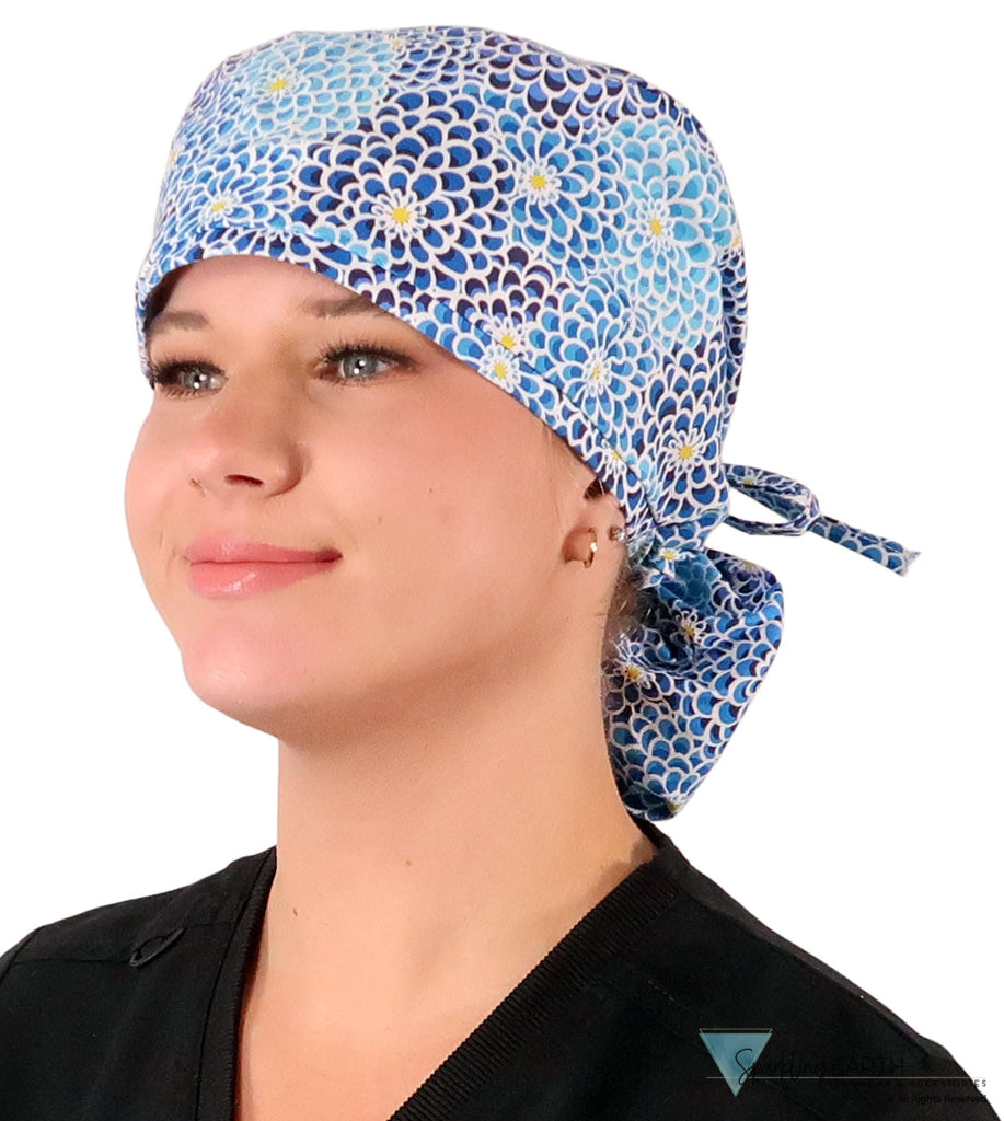 Big Hair Ponytail Surgical Scrub Cap - Scrub Cap for Long Hair - Blue Dahlia Dreams Big Hair Surgical Scrub Caps