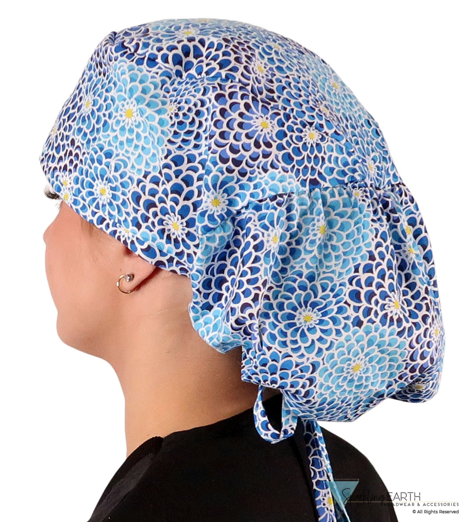 Big Hair Ponytail Surgical Scrub Cap - Scrub Cap for Long Hair - Blue Dahlia Dreams Big Hair Surgical Scrub Caps