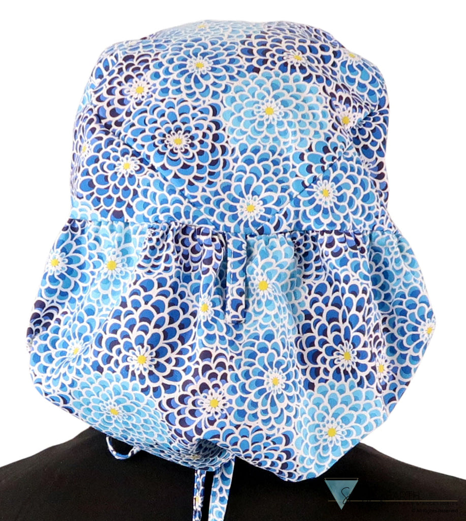 Big Hair Ponytail Surgical Scrub Cap - Scrub Cap for Long Hair - Blue Dahlia Dreams Big Hair Surgical Scrub Caps