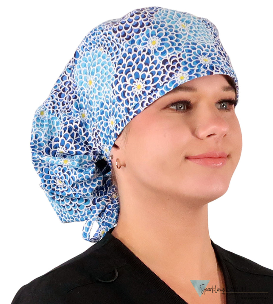 Big Hair Ponytail Surgical Scrub Cap - Scrub Cap for Long Hair - Blue Dahlia Dreams Big Hair Surgical Scrub Caps