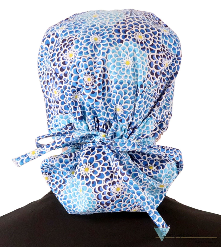 Big Hair Ponytail Surgical Scrub Cap - Scrub Cap for Long Hair - Blue Dahlia Dreams Big Hair Surgical Scrub Caps