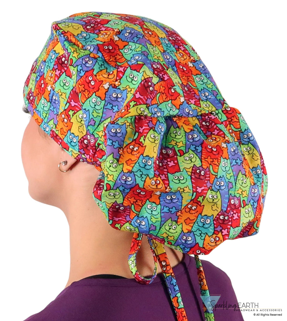 Big Hair Ponytail Surgical Scrub Cap - Scrub Cap for Long Hair - Colorful Cats Meow Big Hair Surgical Scrub Caps