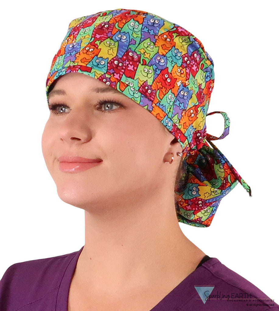 Big Hair Ponytail Surgical Scrub Cap - Scrub Cap for Long Hair - Colorful Cats Meow Big Hair Surgical Scrub Caps