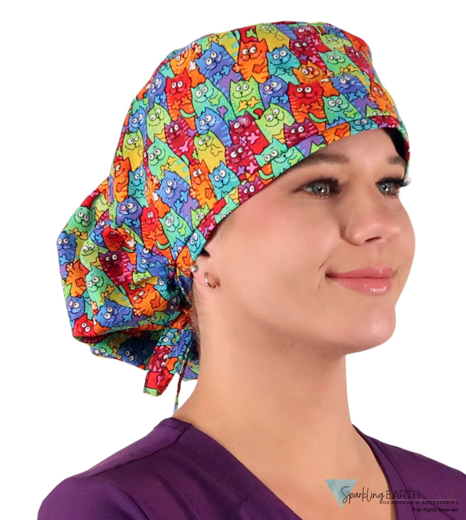 Big Hair Ponytail Surgical Scrub Cap - Scrub Cap for Long Hair - Colorful Cats Meow Big Hair Surgical Scrub Caps
