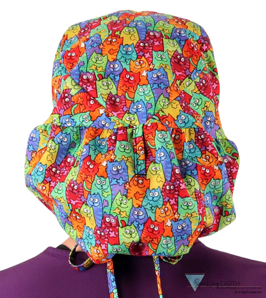 Big Hair Ponytail Surgical Scrub Cap - Scrub Cap for Long Hair - Colorful Cats Meow Big Hair Surgical Scrub Caps
