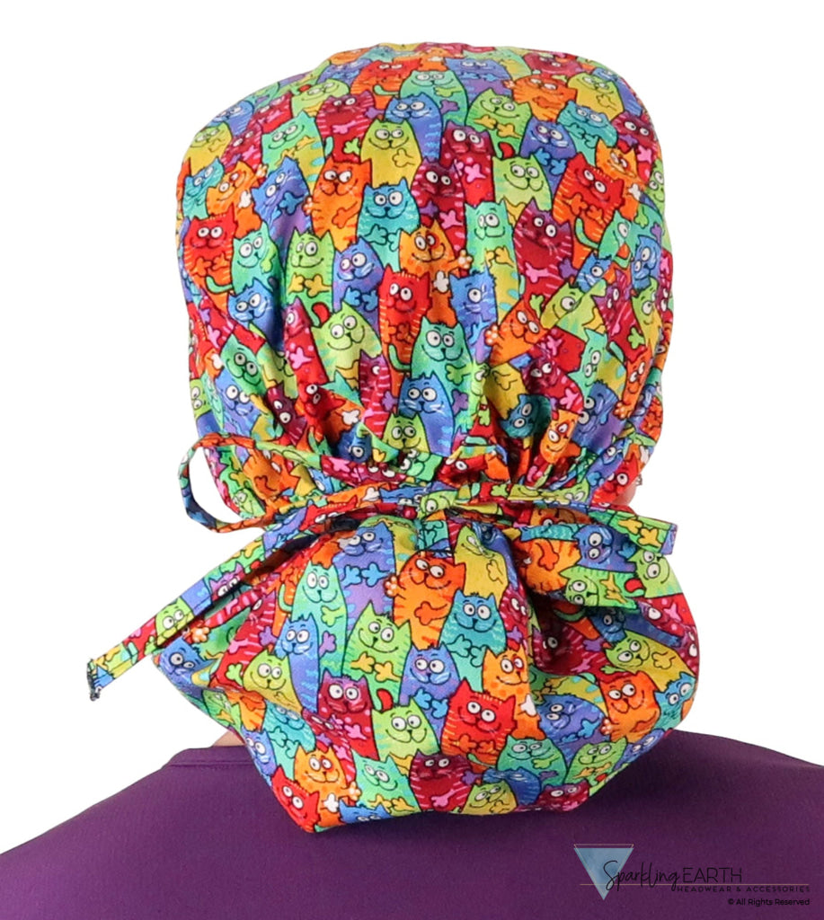 Big Hair Ponytail Surgical Scrub Cap - Scrub Cap for Long Hair - Colorful Cats Meow Big Hair Surgical Scrub Caps