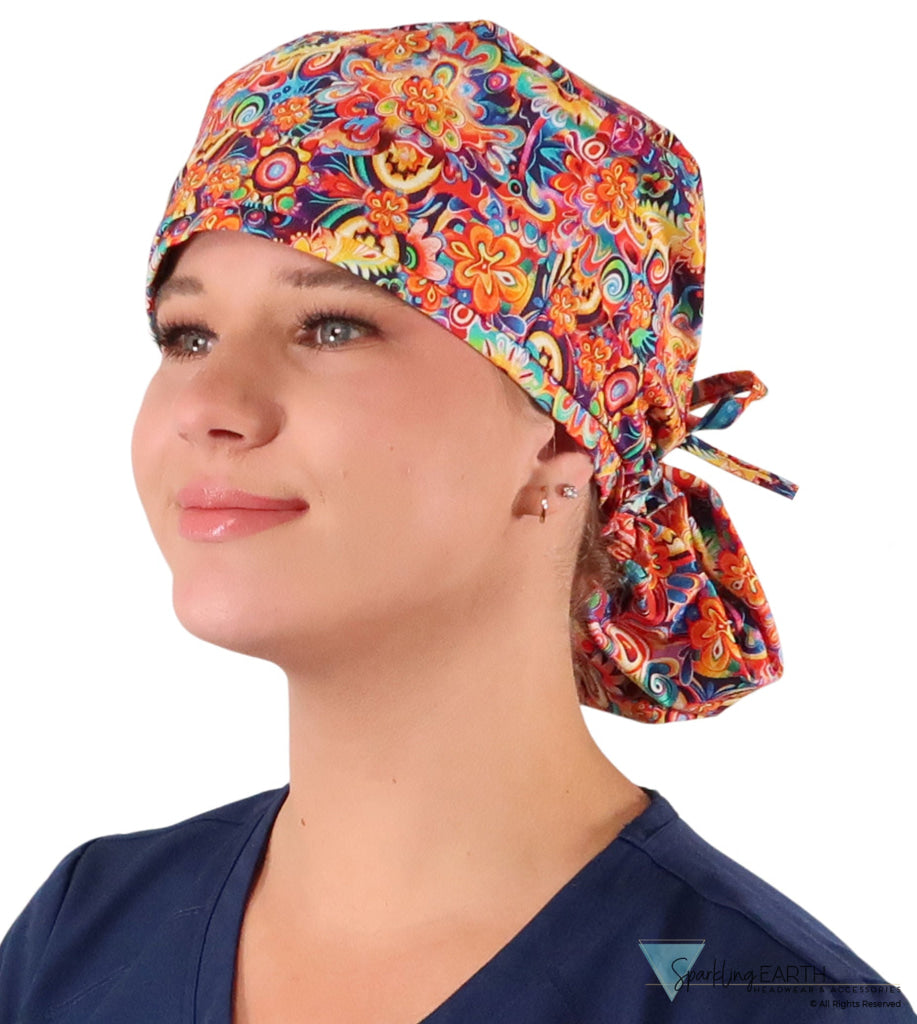 Big Hair Ponytail Surgical Scrub Cap - Scrub Cap for Long Hair - Floral Fury Big Hair Surgical Scrub Caps