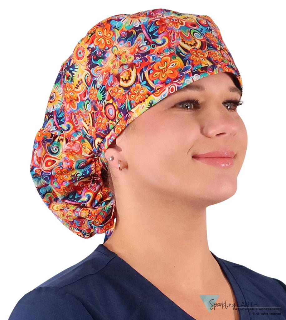 Big Hair Ponytail Surgical Scrub Cap - Scrub Cap for Long Hair - Floral Fury Big Hair Surgical Scrub Caps