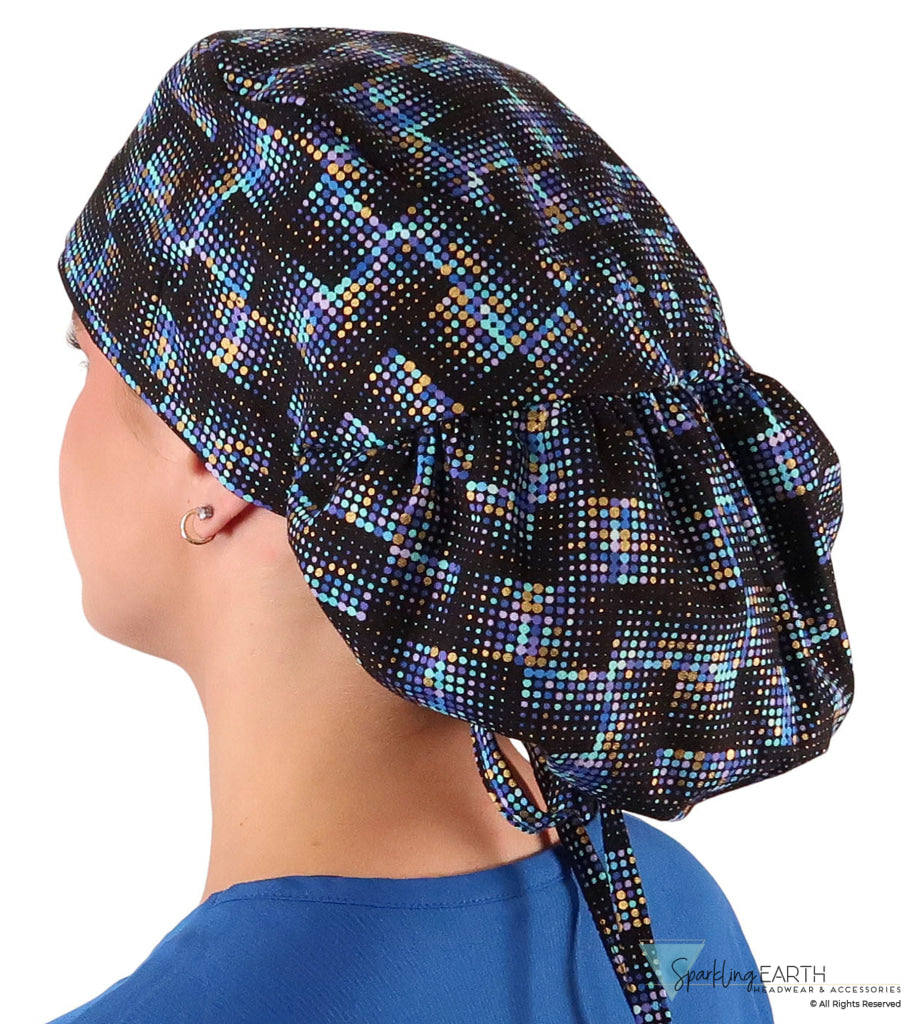 Big Hair Ponytail Surgical Scrub Cap - Scrub Cap for Long Hair - Gold Metallic Chromadots Big Hair Surgical Scrub Caps