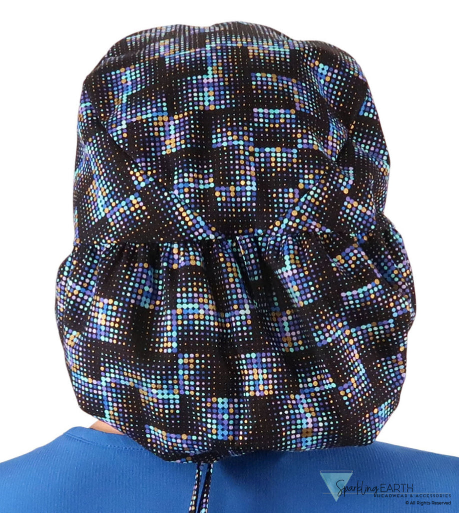 Big Hair Ponytail Surgical Scrub Cap - Scrub Cap for Long Hair - Gold Metallic Chromadots Big Hair Surgical Scrub Caps