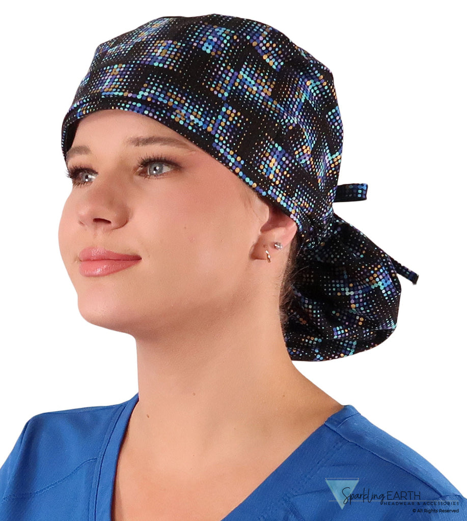 Big Hair Ponytail Surgical Scrub Cap - Scrub Cap for Long Hair - Gold Metallic Chromadots Big Hair Surgical Scrub Caps