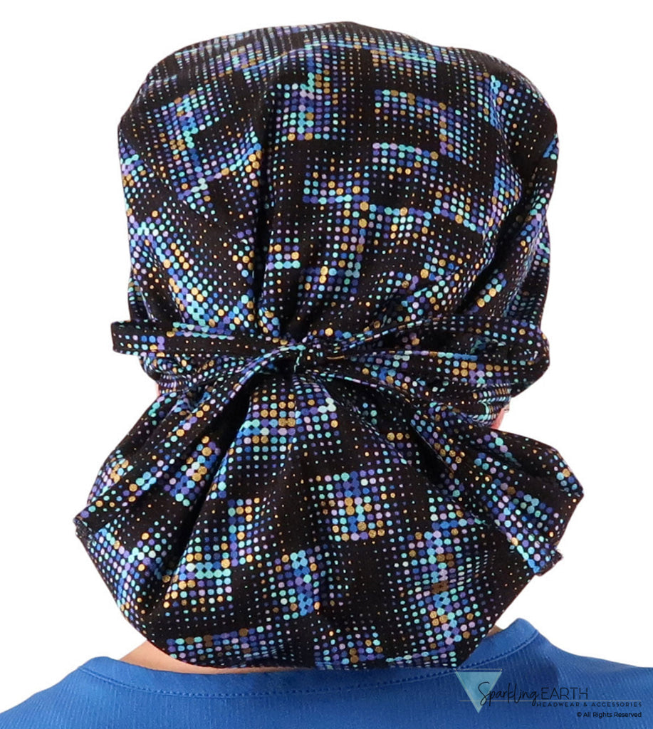 Big Hair Ponytail Surgical Scrub Cap - Scrub Cap for Long Hair - Gold Metallic Chromadots Big Hair Surgical Scrub Caps